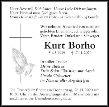 Traueranzeige von Kurt Borho von Der Westallgäuer