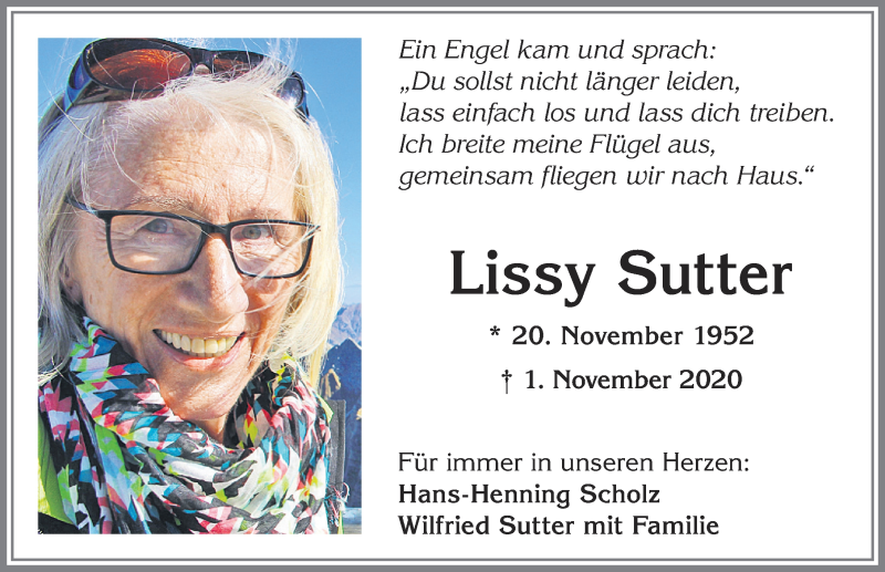 Traueranzeige für Lissy Sutter vom 07.11.2020 aus Allgäuer Zeitung,Kempten