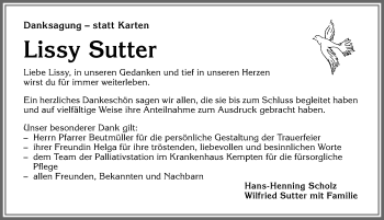 Traueranzeige von Lissy Sutter von Allgäuer Zeitung,Kempten