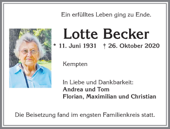Traueranzeige von Lotte Becker von Allgäuer Zeitung,Kempten