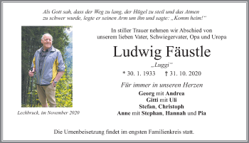 Traueranzeige von Ludwig Fäustle von Allgäuer Zeitung, Füssen