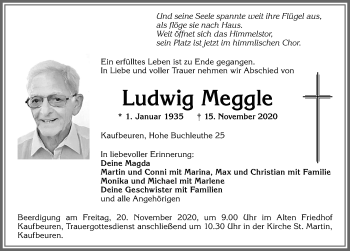 Traueranzeige von Ludwig Meggle von Allgäuer Zeitung
