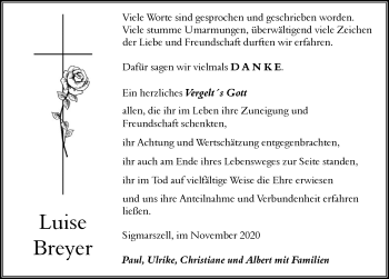 Traueranzeige von Luise Breyer von Der Westallgäuer