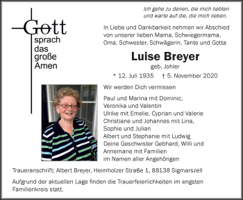 Traueranzeige von Luise Breyer von Der Westallgäuer