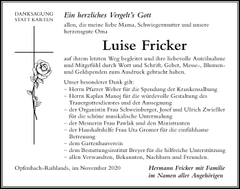 Traueranzeige von Luise Fricker von Der Westallgäuer