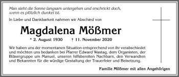 Traueranzeige von Magdalena Mößmer von Allgäuer Zeitung, Marktoberdorf