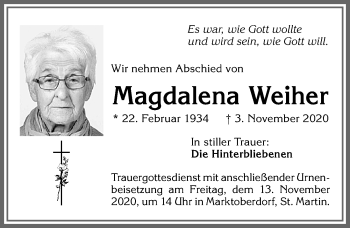 Traueranzeige von Magdalena Weiher von Allgäuer Zeitung, Marktoberdorf