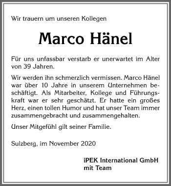 Traueranzeige von Marco Hänel von Allgäuer Zeitung,Kempten