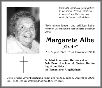 Traueranzeige von Margarete Albe von Allgäuer Zeitung, Kaufbeuren/Buchloe