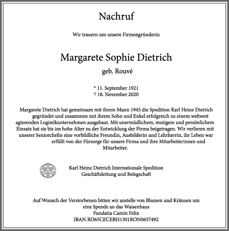  Traueranzeige für Margarete Sophie Dietrich vom 21.11.2020 aus Allgäuer Zeitung, Kaufbeuren/Buchloe