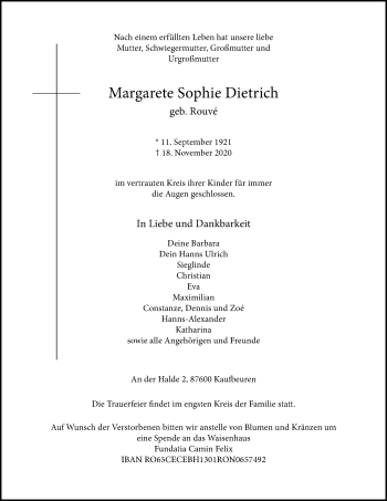 Traueranzeige von Margarete Sophie Dietrich von Allgäuer Zeitung, Kaufbeuren/Buchloe