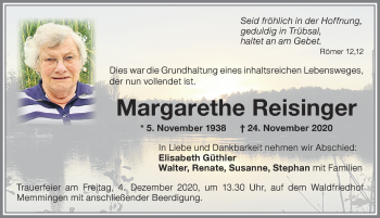 Traueranzeige von Margarethe Reisinger von Memminger Zeitung