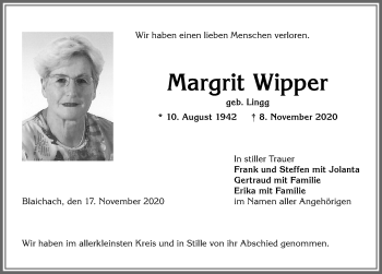 Traueranzeige von Margrit Wipper von Allgäuer Anzeigeblatt