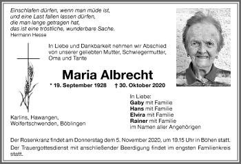 Traueranzeige von Maria Albrecht von Memminger Zeitung