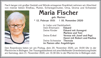 Traueranzeige von Maria Fischer von Allgäuer Zeitung, Marktoberdorf