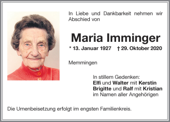 Traueranzeige von Maria Imminger von Memminger Zeitung