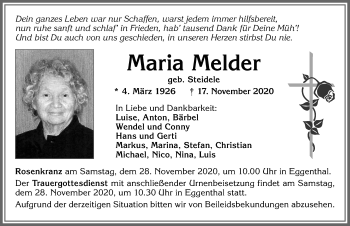 Traueranzeige von Maria Melder von Allgäuer Zeitung, Marktoberdorf