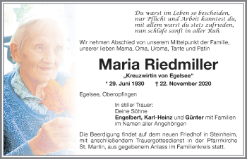 Traueranzeige von Maria Riedmiller von Memminger Zeitung