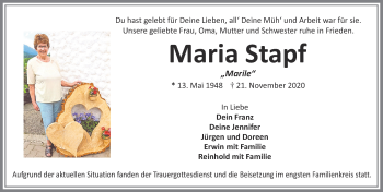 Traueranzeige von Maria Stapf von Allgäuer Zeitung, Füssen