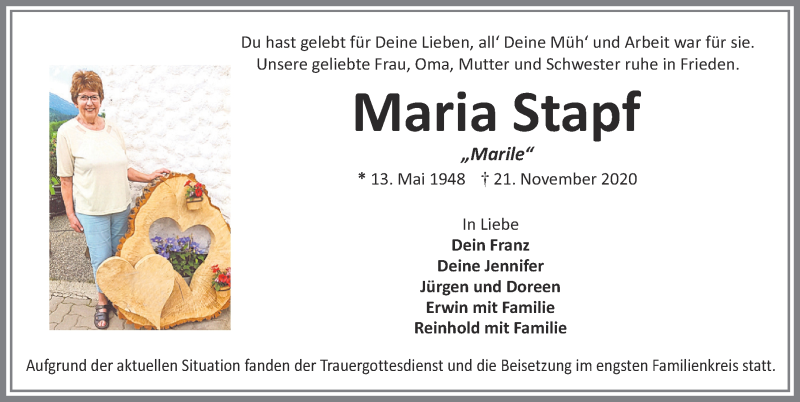  Traueranzeige für Maria Stapf vom 26.11.2020 aus Allgäuer Zeitung, Füssen