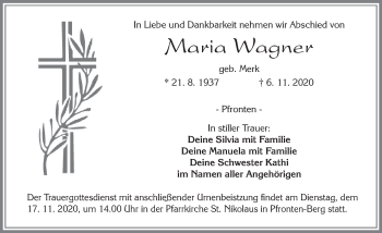 Traueranzeige von Maria Wagner von Allgäuer Zeitung, Füssen