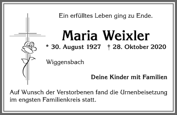Traueranzeige von Maria Weixler von Allgäuer Zeitung,Kempten