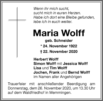 Traueranzeige von Maria Wolff von Memminger Zeitung