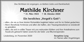 Traueranzeige von Mathilde Kirchner von Allgäuer Zeitung, Kaufbeuren/Buchloe
