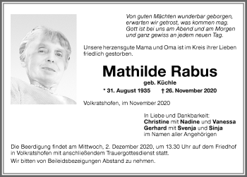 Traueranzeige von Mathilde Rabus von Memminger Zeitung