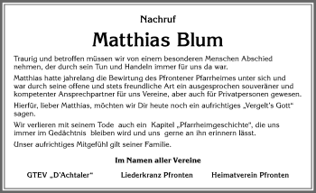Traueranzeige von Matthias Blum von Allgäuer Zeitung, Füssen