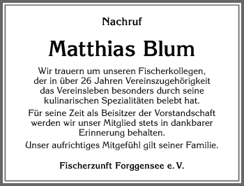 Traueranzeige von Matthias Blum von Allgäuer Zeitung