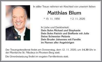 Traueranzeige von Matthias Blum von Allgäuer Zeitung, Füssen