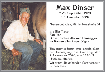 Traueranzeige von Max Dinser von Allgäuer Zeitung
