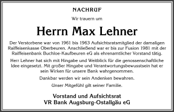 Traueranzeige von Max Lehner von Allgäuer Zeitung, Kaufbeuren/Buchloe