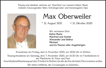 Traueranzeige von Max Oberweiler von Allgäuer Zeitung, Marktoberdorf