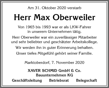 Traueranzeige von Max Oberweiler von Allgäuer Zeitung, Marktoberdorf