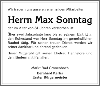 Traueranzeige von Max Sonntag von Memminger Zeitung