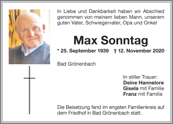 Traueranzeige von Max Sonntag von Memminger Zeitung