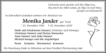 Traueranzeige von Monika Jander von Allgäuer Zeitung,Kempten