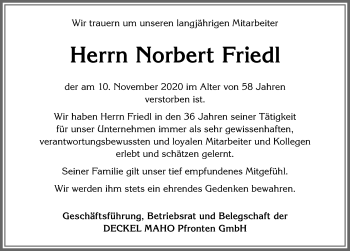 Traueranzeige von Norbert Friedl von Allgäuer Zeitung, Füssen