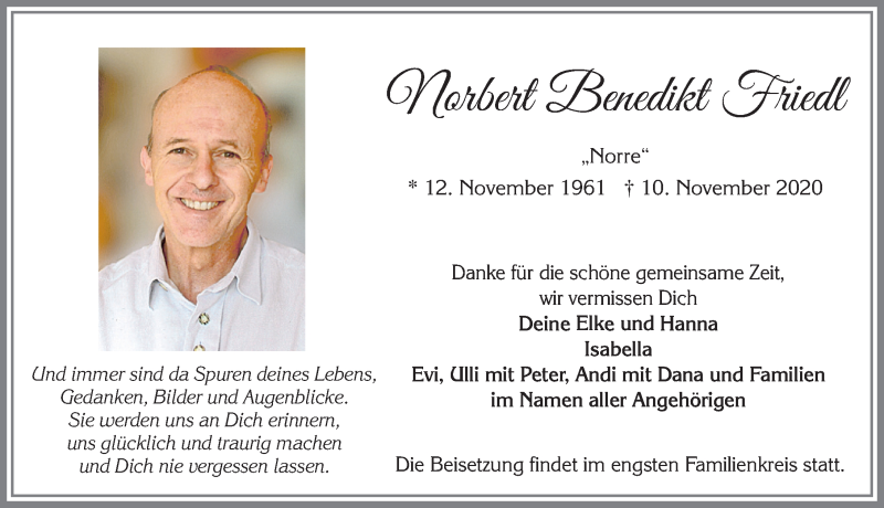  Traueranzeige für Norbert Benedikt Friedl vom 17.11.2020 aus Allgäuer Zeitung, Füssen