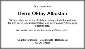 Traueranzeige von Oktay Albostan von Allgäuer Zeitung, Marktoberdorf