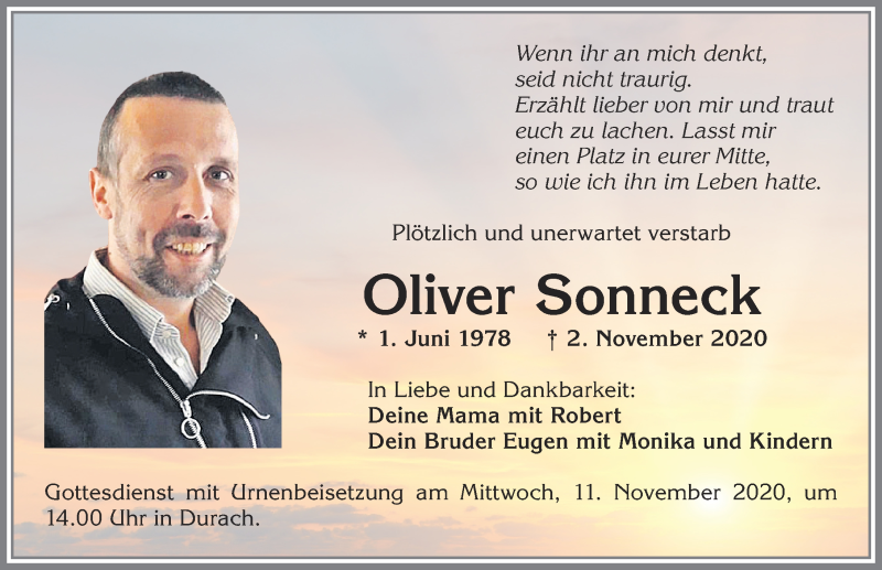  Traueranzeige für Oliver Sonneck vom 07.11.2020 aus Allgäuer Zeitung,Kempten