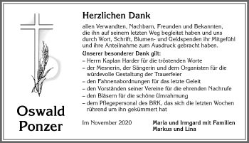 Traueranzeige von Oswald Ponzer von Allgäuer Zeitung, Marktoberdorf