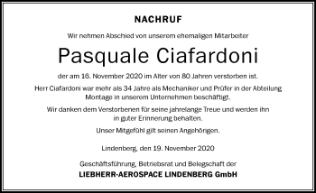 Traueranzeige von Pasquale Ciafardoni von Der Westallgäuer