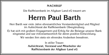 Traueranzeige von Paul Barth von Allgäuer Zeitung, Marktoberdorf