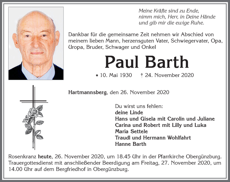  Traueranzeige für Paul Barth vom 26.11.2020 aus Allgäuer Zeitung, Marktoberdorf