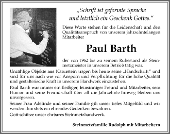 Traueranzeige von Paul Barth von Allgäuer Zeitung, Marktoberdorf