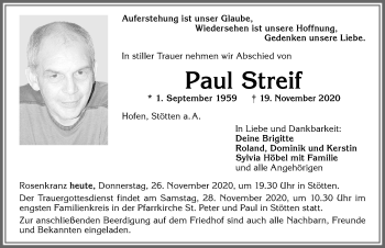 Traueranzeige von Paul Streif von Allgäuer Zeitung, Marktoberdorf