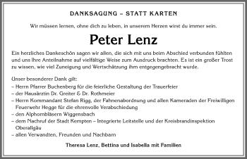 Traueranzeige von Peter Lenz von Allgäuer Zeitung,Kempten
